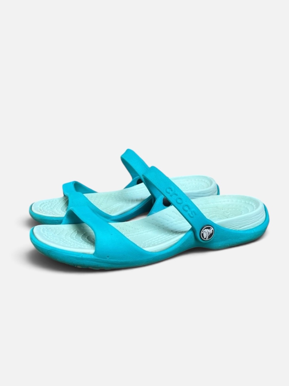 Crocs Cleo V Women’s Strappy Two-Tone Sandal in Aqua/Turquoise Size 7